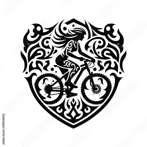 mountain biking  female player in ethnic tribal pattern illustration, emblem shield badge