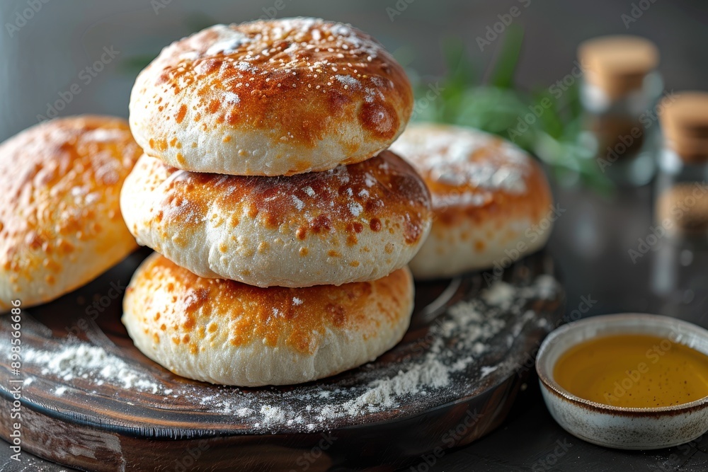 A stack of freshly baked bread rolls on a wooden board, lightly dusted with flour, accompanied by a small bowl of olive oil. A stack of freshly baked bread rolls on a wooden board, lightly dusted with flour, accompanied by a small bowl of olive oil.