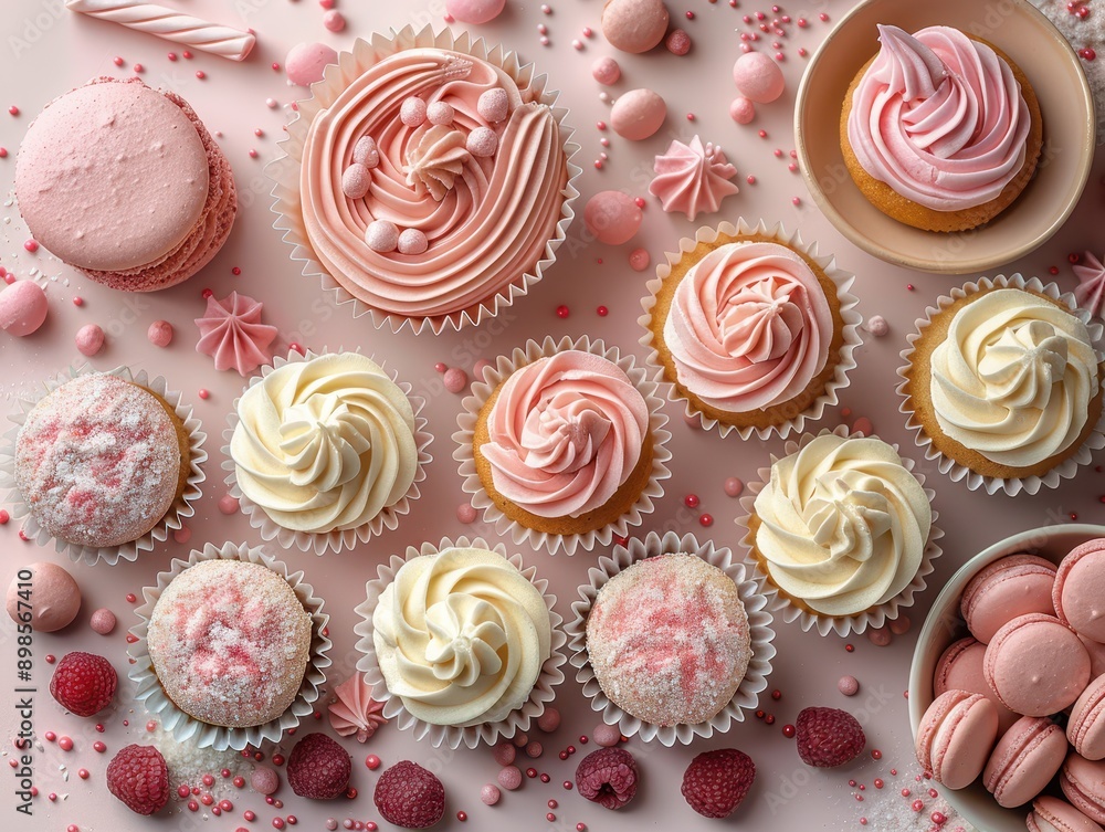 Sweets Galore - Top-Down View of a Delightful Dessert Table with Cupcakes, Cookies, and Macarons Surrounded by Decorative Accents Sweets Galore - Top-Down View of a Delightful Dessert Table with Cupcakes, Cookies, and Macarons Surrounded by Decorative Accents