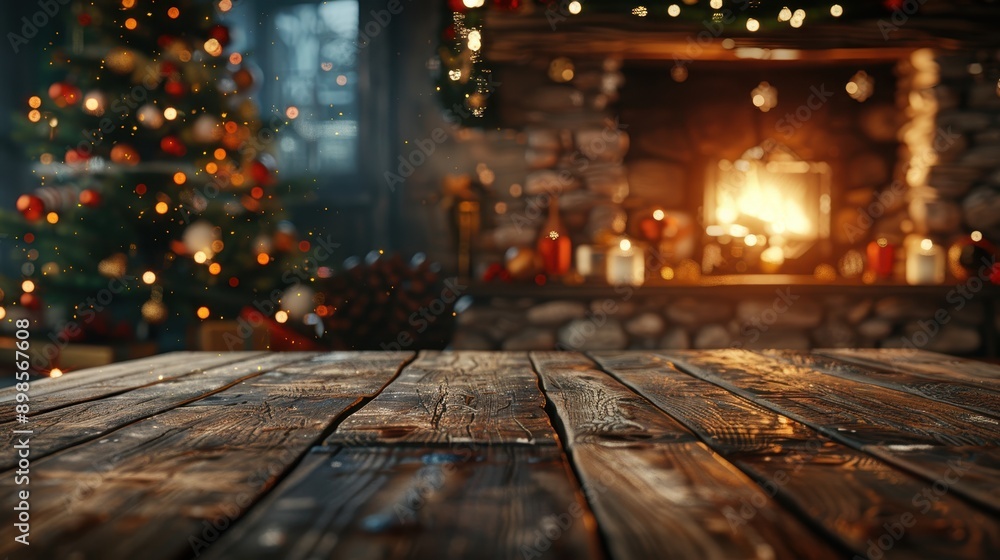 Empty wooden table top with a blurred background of a cozy Christmas interior, fireplace and decorated tree in the living room at home. Empty wooden table top with a blurred background of a cozy Christmas interior, fireplace and decorated tree in the living room at home.