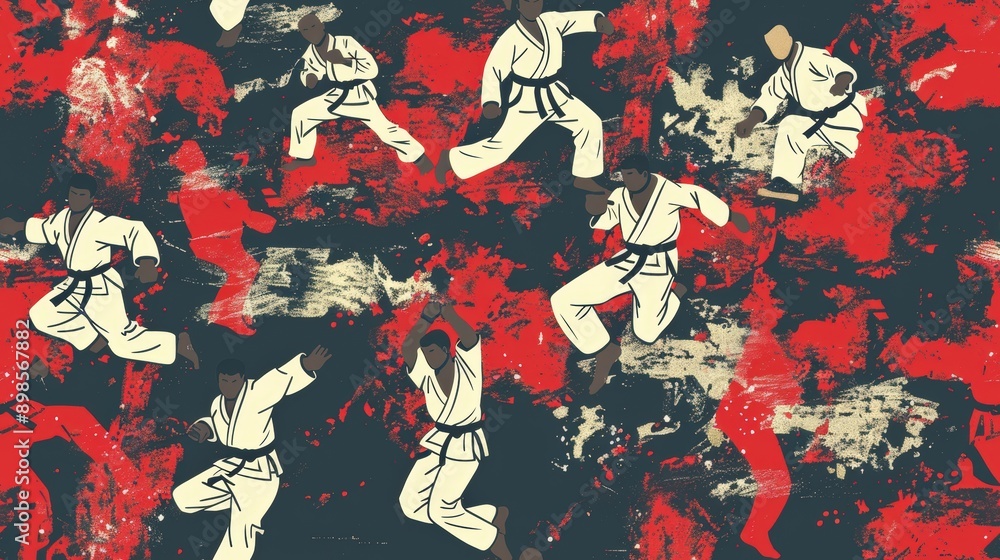 Martial artists demonstrate their skills in various styles against a vibrant, abstract background filled with energetic movement Martial artists demonstrate their skills in various styles against a vibrant, abstract background filled with energetic movement