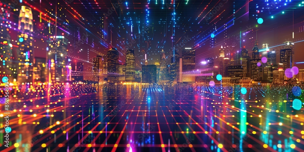 Obraz premium Abstract background with a grid and glowing lines and dots, night cityscape, bright lights.