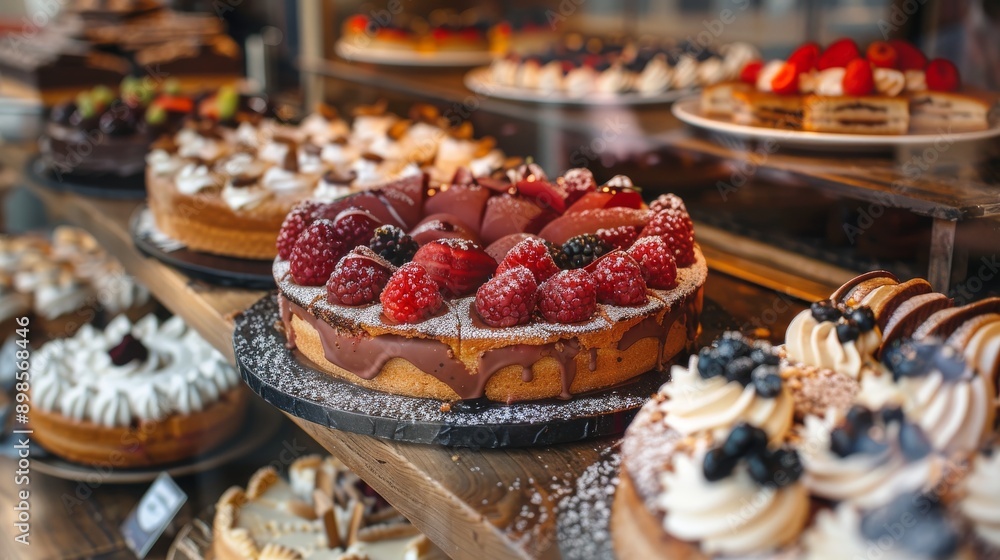 A bakery display case filled with various pastries and cakes, including a strawberry tart in the center. A bakery display case filled with various pastries and cakes, including a strawberry tart in the center.