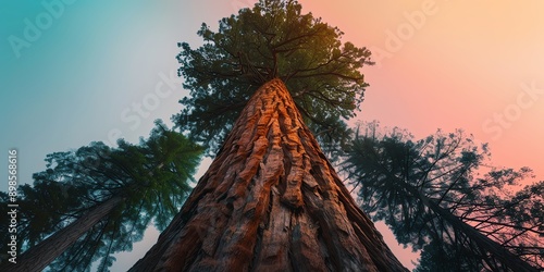 Create a minimalist design of a towering redwood tree, seen from a low angle, against a gradient sky background in soft pastel hues