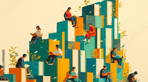 Creative illustration of a group of people sitting on books for reading