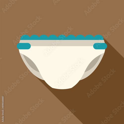White baby diaper with blue elastic bands flat design icon with long shadow on a brown background