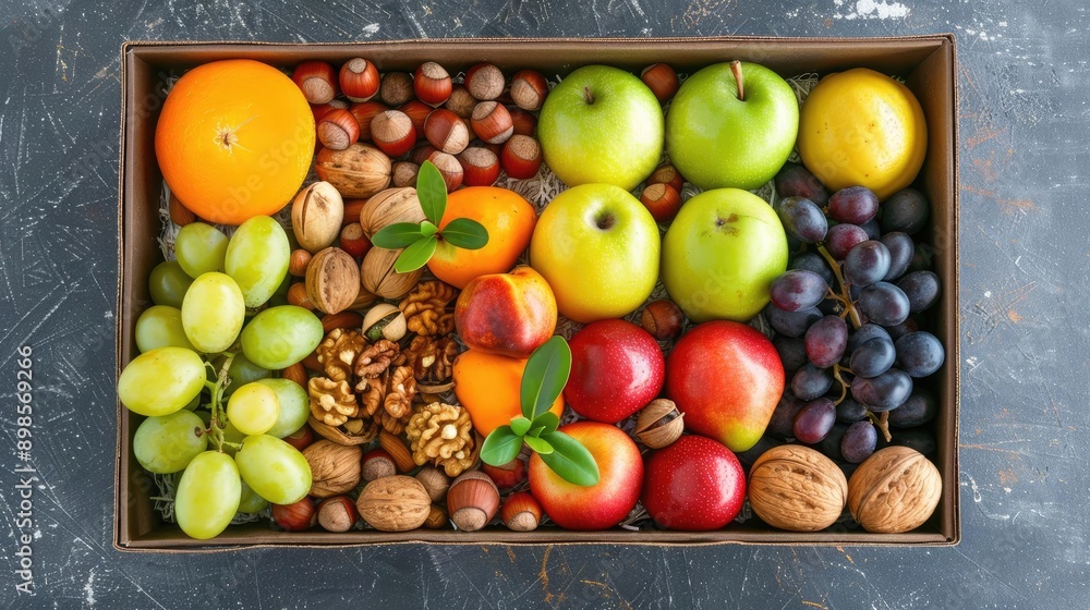 Elegant gift box with a variety of fresh fruits and nuts, Gift Box, Fresh Fruits, Healthy Lifestyle Elegant gift box with a variety of fresh fruits and nuts, Gift Box, Fresh Fruits, Healthy Lifestyle