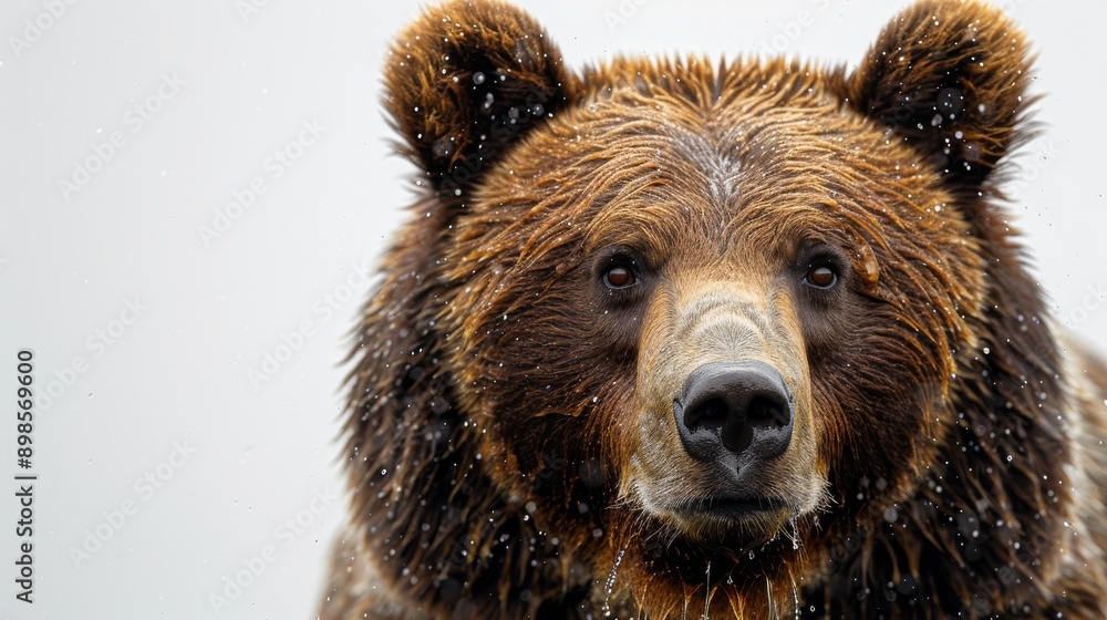 Wild brown bear stands in snowy wilderness, snowflakes falling on its face, gazing intensely ahead, fur coated in white, symbolizing untamed outdoors, exuding danger and beauty Wild brown bear stands in snowy wilderness, snowflakes falling on its face, gazing intensely ahead, fur coated in white, symbolizing untamed outdoors, exuding danger and beauty