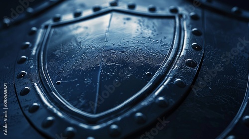 A close-up of a metallic shield with raindrops, symbolizing protection and resilience.