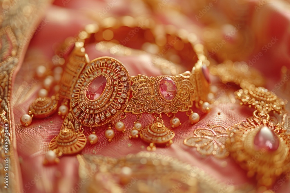 Gold jewelry with pink gemstones and pearl accents lies on a pink fabric Gold jewelry with pink gemstones and pearl accents lies on a pink fabric