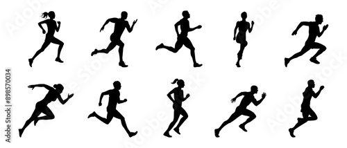 Run. Running men and women, vector set of isolated silhouettes