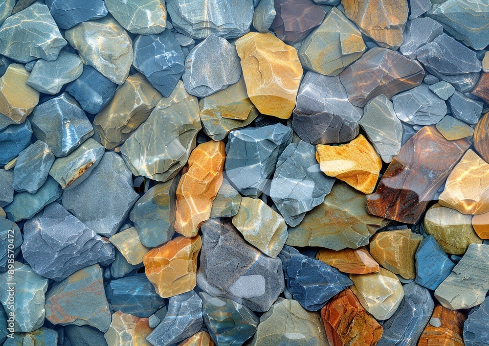 A shallow riverbed filled with smooth, colorful river rocks A shallow riverbed filled with smooth, colorful river rocks
