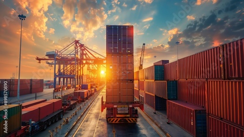 A container truck drives through a busy shipping port at sunset, with cranes and cargo containers in the background.