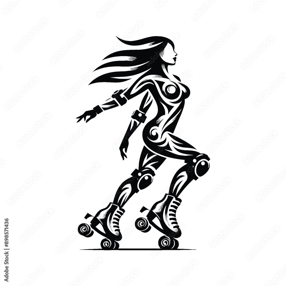 Inline Skating, roller skate female player in ethnic tribal pattern illustration, emblem shield badge Inline Skating, roller skate female player in ethnic tribal pattern illustration, emblem shield badge