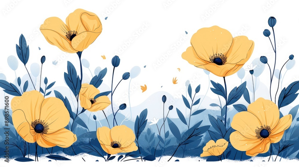 Yellow Poppy Flowers with Blue Leaves and White Yellow Poppy Flowers with Blue Leaves and White