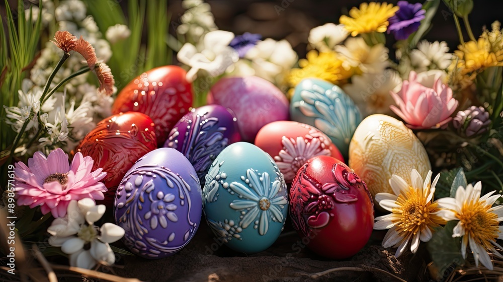 Fototapeta premium A rainbow of colorful eggs and daisies fluttering in the wind on an Easter morning meadow. 3D rendering. 
