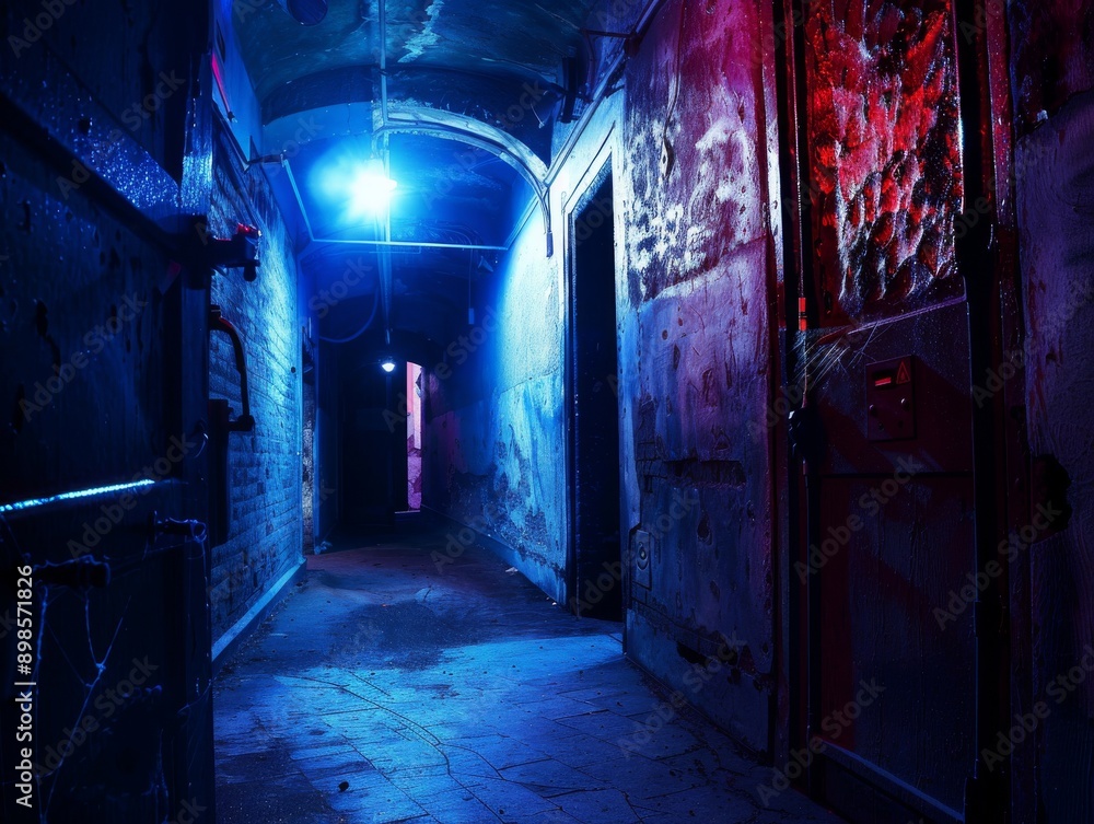 A dimly lit, eerie hallway with peeling paint and a single lightbulb casting an ominous glow. The doors at the end of the hall are closed, adding to the sense of mystery. A dimly lit, eerie hallway with peeling paint and a single lightbulb casting an ominous glow. The doors at the end of the hall are closed, adding to the sense of mystery.