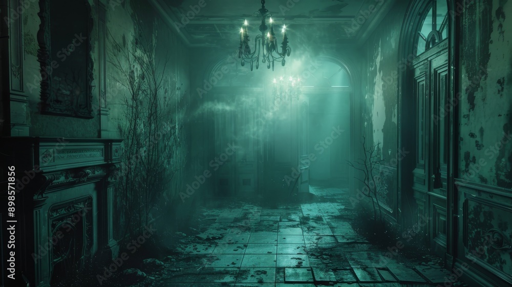 A dimly lit, eerie hallway in a decaying mansion A dimly lit, eerie hallway in a decaying mansion