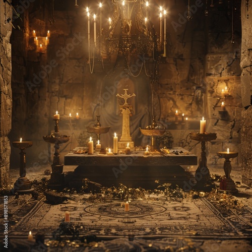 A dimly lit stone room with a wooden table covered in candles and other religious items. The room has a mystical and eerie atmosphere.