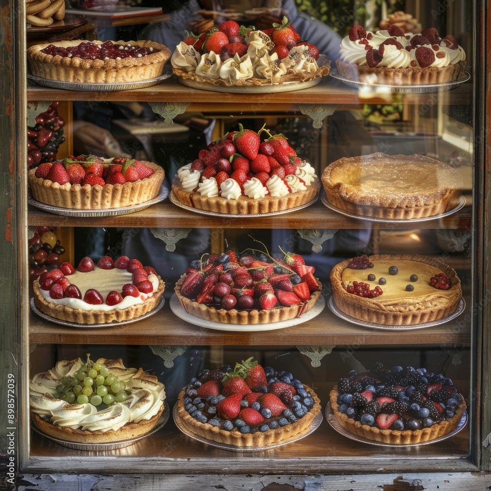 A display case filled with an assortment of fresh fruit pies. The pies are arranged on shelves and are topped with various fruits, including berries, cherries, and grapes. A display case filled with an assortment of fresh fruit pies. The pies are arranged on shelves and are topped with various fruits, including berries, cherries, and grapes.