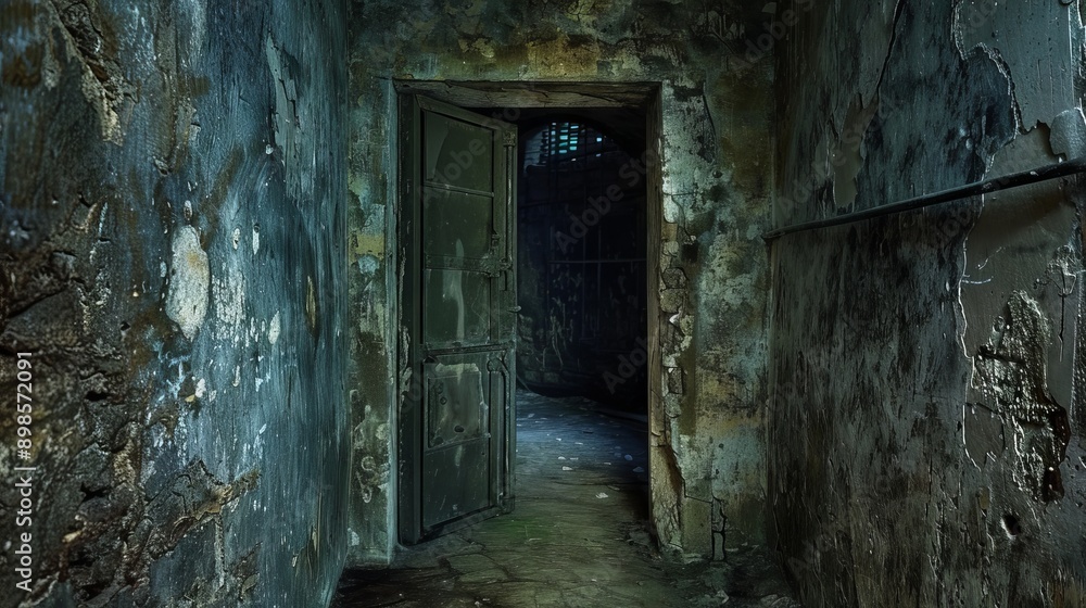A doorway in a dilapidated building, with peeling paint and a sense of decay. The entrance leads to an unknown, shadowy interior. A doorway in a dilapidated building, with peeling paint and a sense of decay. The entrance leads to an unknown, shadowy interior.