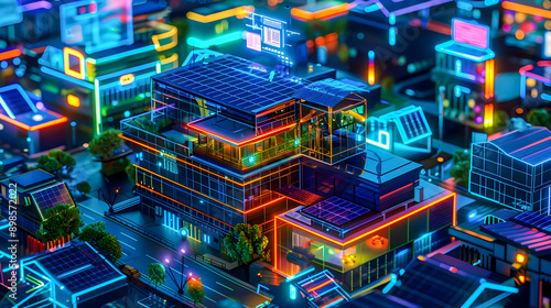 A futuristic smart house with solar panels illuminated at night with neon lights outlining the structure  The house is part of an advanced