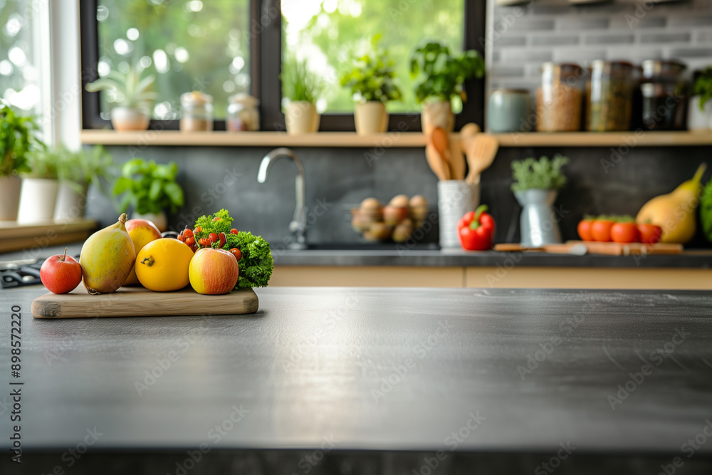Closeup countertop in modern kitchen interior with kitchenware, fruit and vegetables on background Closeup countertop in modern kitchen interior with kitchenware, fruit and vegetables on background