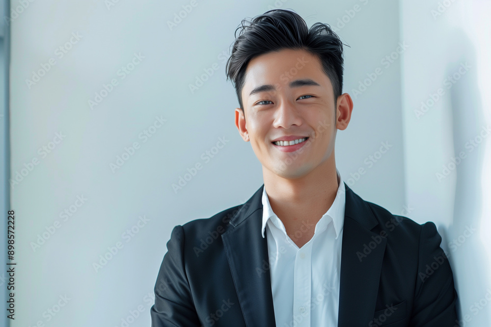 Portrait of smiling smart Asian businessman standing over white background. Studio shot, Copy space
