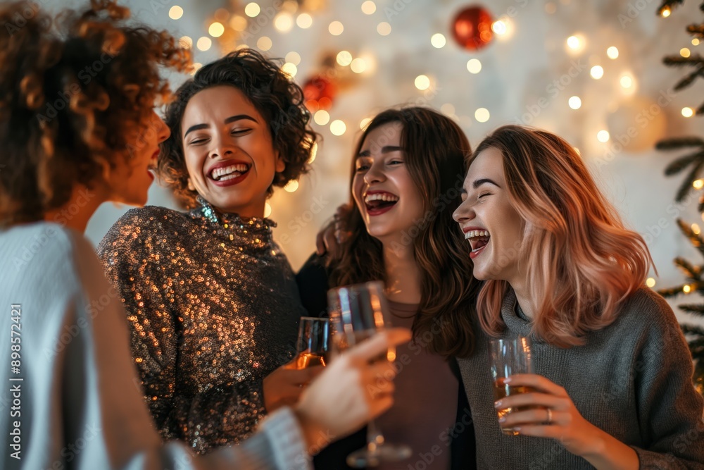 A happy group of friends at a New Year's Eve party, dancing and laughing, holding glasses of champagne A happy group of friends at a New Year's Eve party, dancing and laughing, holding glasses of champagne