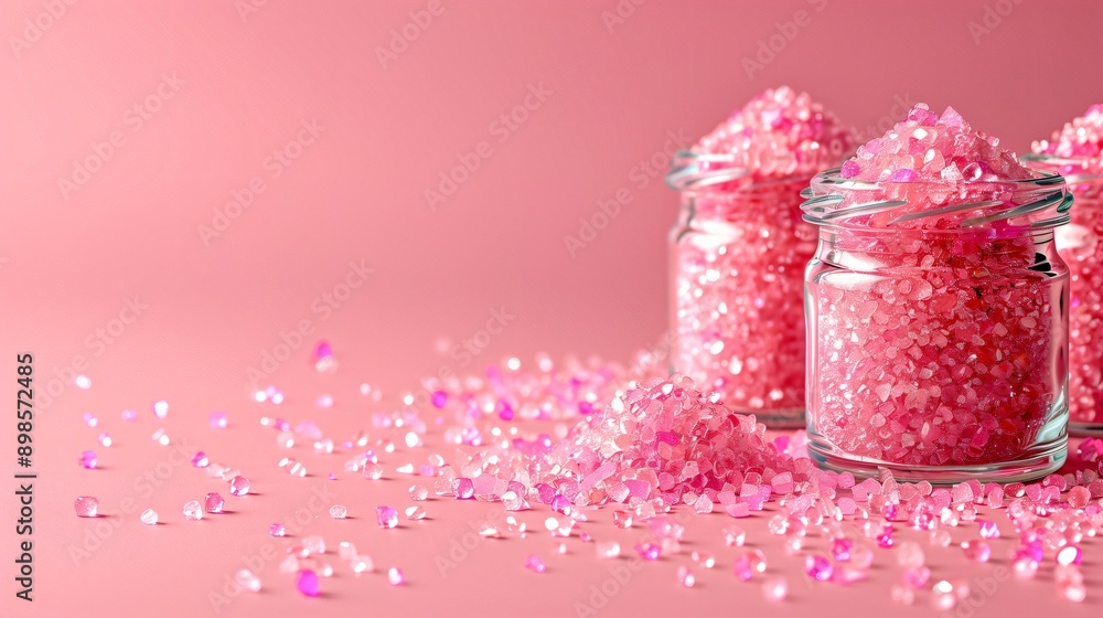 Pink aromatic sea salt crystals are spilling from glass jars onto a pink background, creating a vibrant and colorful display Pink aromatic sea salt crystals are spilling from glass jars onto a pink background, creating a vibrant and colorful display