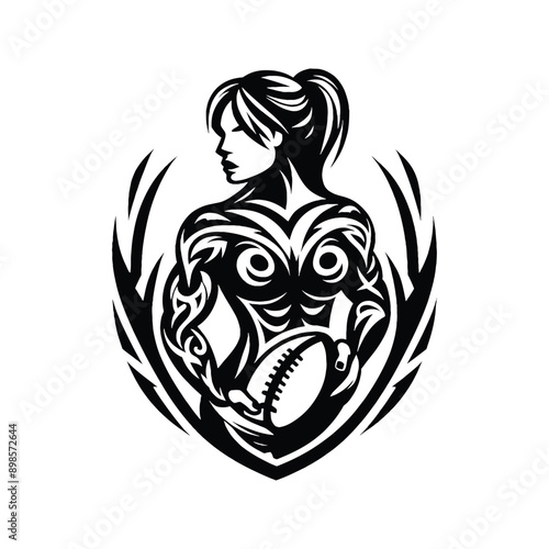 Rugby  female player in ethnic tribal pattern illustration, emblem shield badge