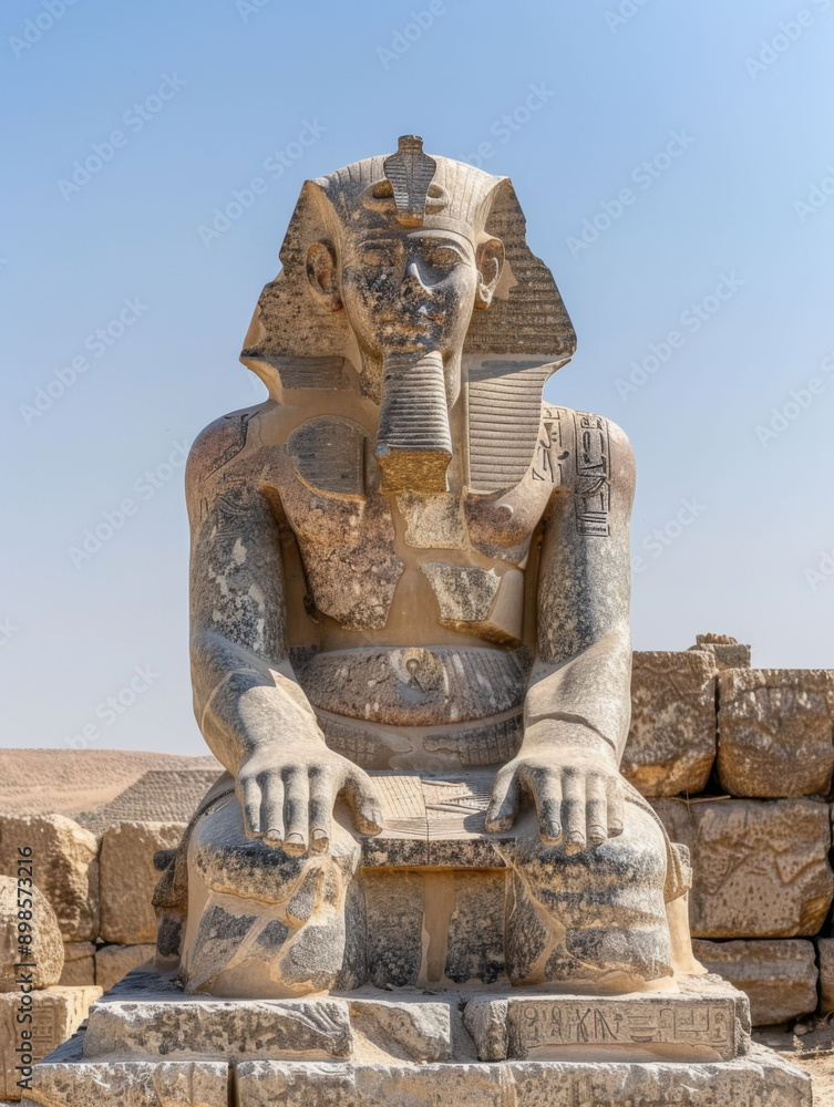 A statue of an Egyptian pharaoh sits on a stone platform A statue of an Egyptian pharaoh sits on a stone platform