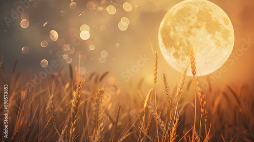 A beautiful night scene featuring golden wheat swaying gently in the breeze under a luminous full moon, casting a soft glow on the field, enhancing the enchanting atmosphere