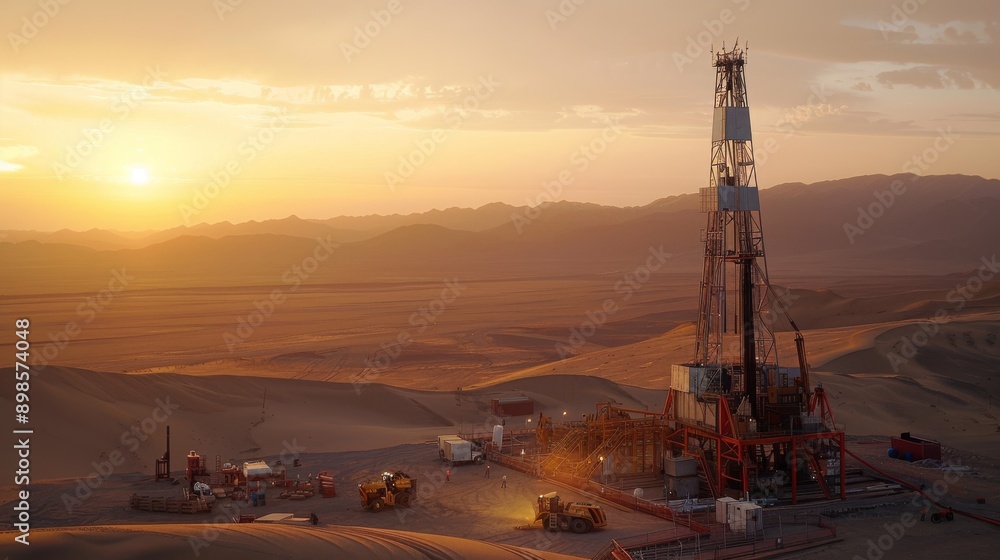A detailed oil and land drilling rig set against a desert landscape, towering machinery with intricate details, workers in safety gear operating the equipment, the sun setting in the background. A detailed oil and land drilling rig set against a desert landscape, towering machinery with intricate details, workers in safety gear operating the equipment, the sun setting in the background.