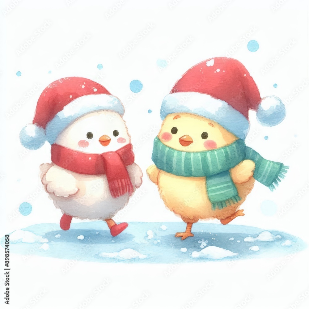 Two adorable chicks wearing Santa hats and scarves, playing in the snow. A cute and festive winter illustration. Two adorable chicks wearing Santa hats and scarves, playing in the snow. A cute and festive winter illustration.