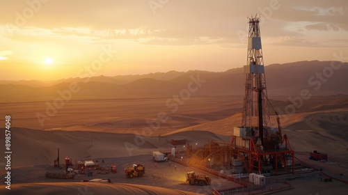 A detailed oil and land drilling rig set against a desert landscape, towering machinery with intricate details, workers in safety gear operating the equipment, the sun setting in the background. photo