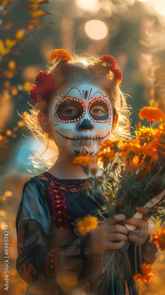 A young girl with skull face paint holds a bouquet of marigolds in an autumn setting, wearing a traditional black dress adorned with colorful embroidery and flowers in her hair A young girl with skull face paint holds a bouquet of marigolds in an autumn setting, wearing a traditional black dress adorned with colorful embroidery and flowers in her hair