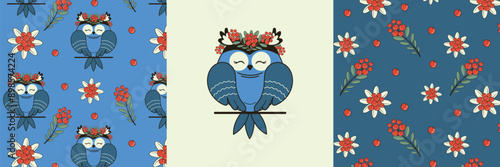 Seamless pattern featuring a cute owl and a berry. Vector design for bed linen, fabric, wallpaper, wrapping paper and more.