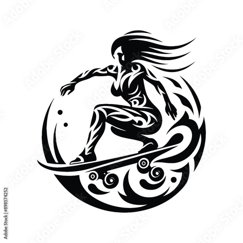 Skateboarding, longboarding  female player in ethnic tribal pattern illustration, emblem shield badge