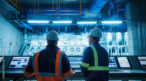 Engineers inspecting the control room of a hydroelectric dam