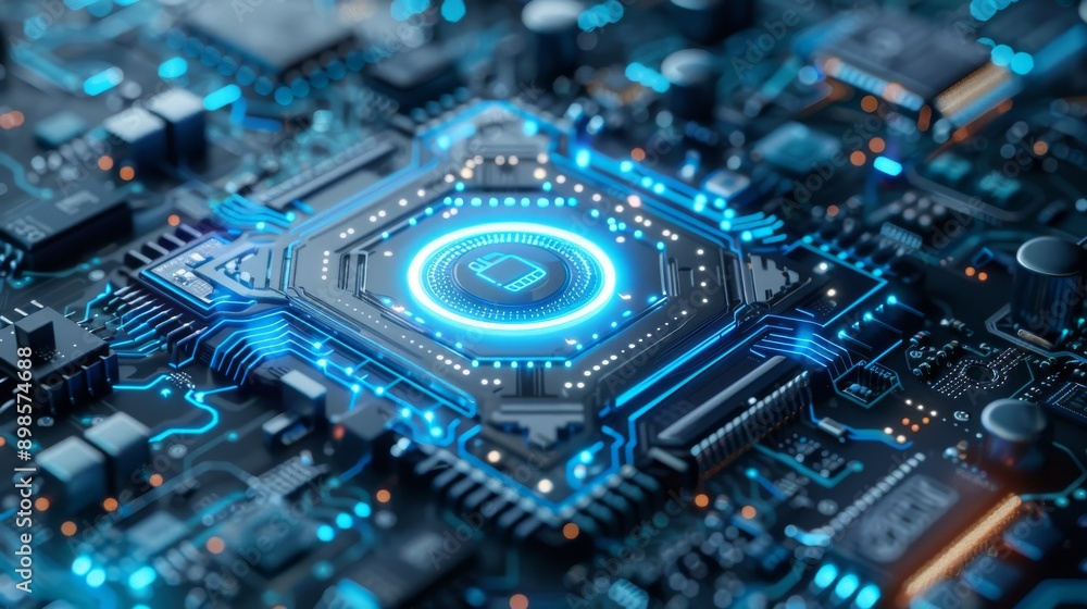 A glowing blue circle inside a processor on a circuit board. The image symbolizes technology, innovation, and computing power. A glowing blue circle inside a processor on a circuit board. The image symbolizes technology, innovation, and computing power.