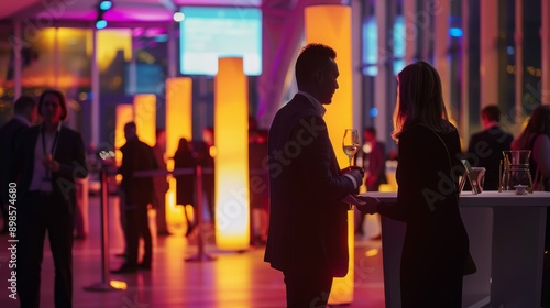 Diverse group of professionals enjoying drinks and socializing at a corporate event