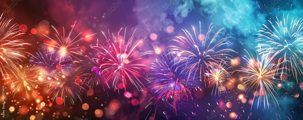 Naklejka premium Multicolored fireworks creating a vibrant scene, with a dark bottom section for copy space.