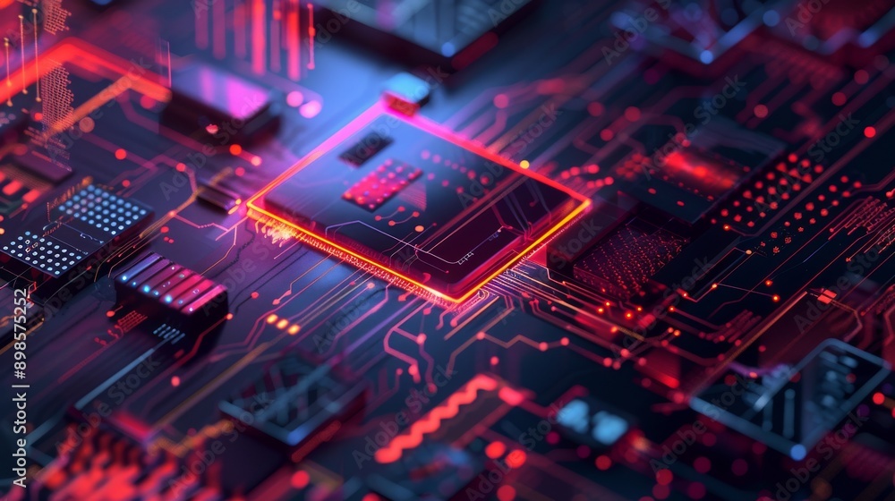 A glowing red and blue circuit board with a central processor in focus. The intricate circuitry suggests advanced technology and computing power. A glowing red and blue circuit board with a central processor in focus. The intricate circuitry suggests advanced technology and computing power.