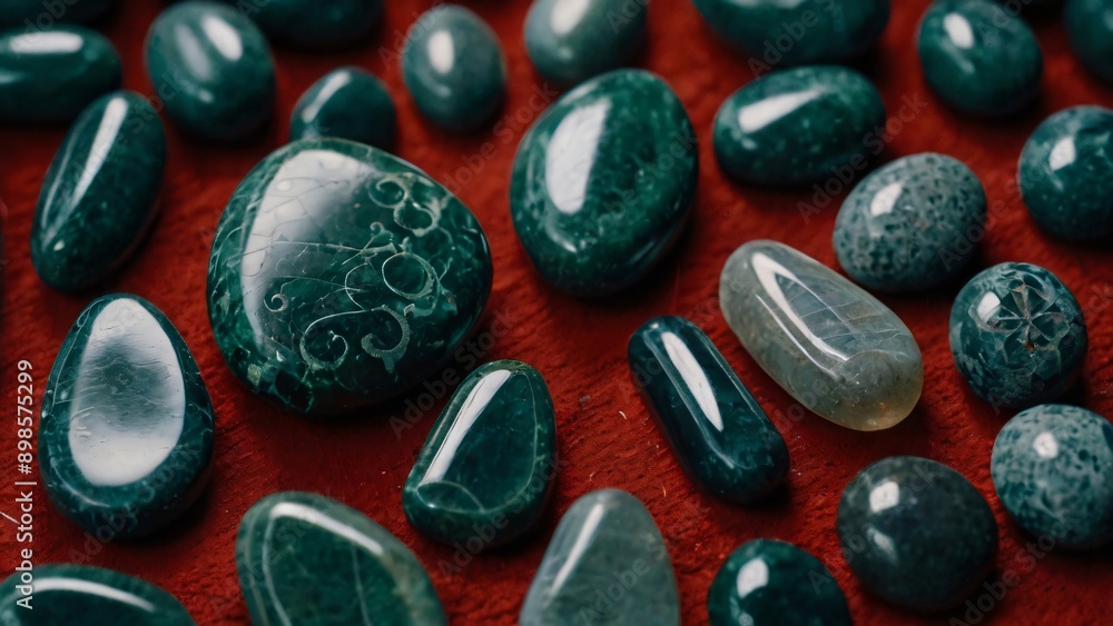 Green gemstones arranged on red surface, creating a striking contrast in colors Green gemstones arranged on red surface, creating a striking contrast in colors