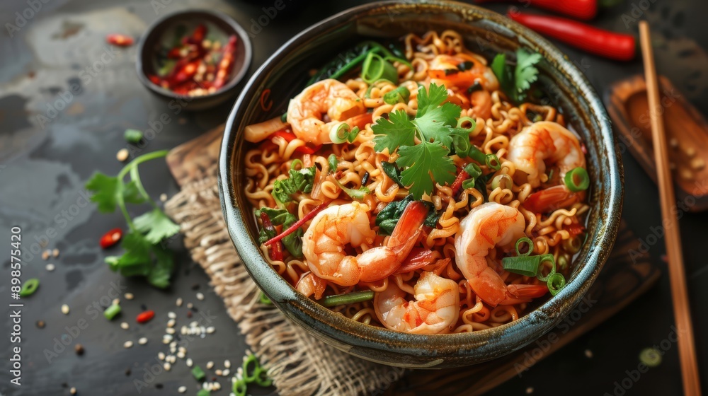 a bowl of noodles with shrimp and vegetables a bowl of noodles with shrimp and vegetables
