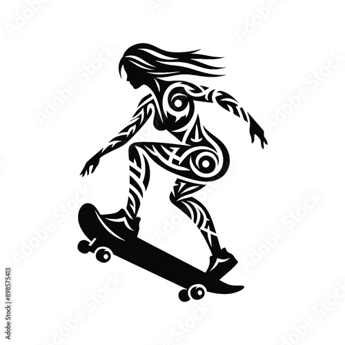 Skateboarding, longboarding  female player in ethnic tribal pattern illustration, emblem shield badge