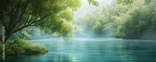 A tranquil riverbank background with calm waters, lush greenery, and a peaceful atmosphere, perfect for a serene and natural setting.