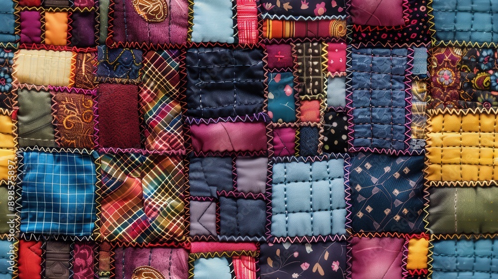 A vibrant patchwork quilt displays an array of diverse fabric squares meticulously stitched in an elaborate design A vibrant patchwork quilt displays an array of diverse fabric squares meticulously stitched in an elaborate design