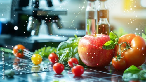 Illustrating a nutrition analysis app scanning factory foods against a food safety tech backdrop, highlighting tech in food safety and nutrition content